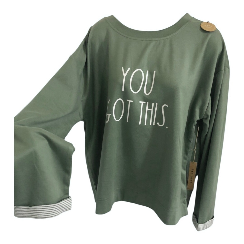 Rae Dunn You Got This shadow sage green cuffed hem long sleeve loungewear shirt